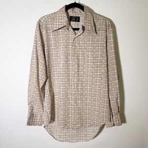 Vintage JCPenney Men’s Long Sleeve Button-Up Shirt Geometric Print Beige Brown M